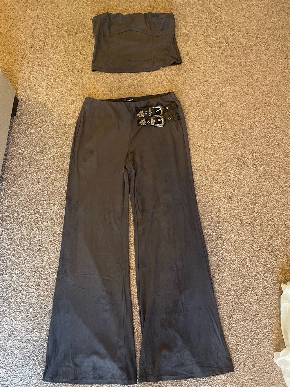 Y2K Fashion Nova Black Wide-Leg Pants with Double Buckle Detail, matching top